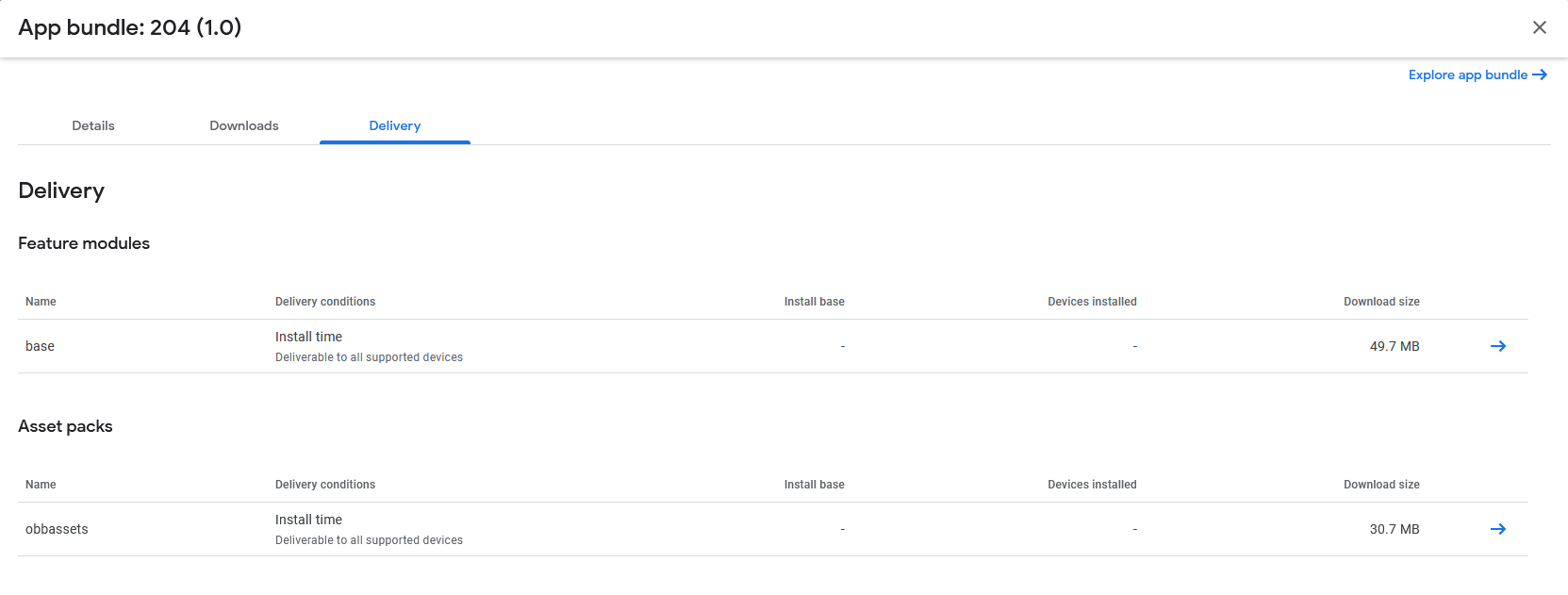 A screenshot of the delivery tab showing both the base APK and obbassets pack