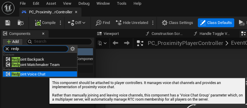 Search for the Redpoint Voice Chat component from the dropdown when adding a component to your player controller