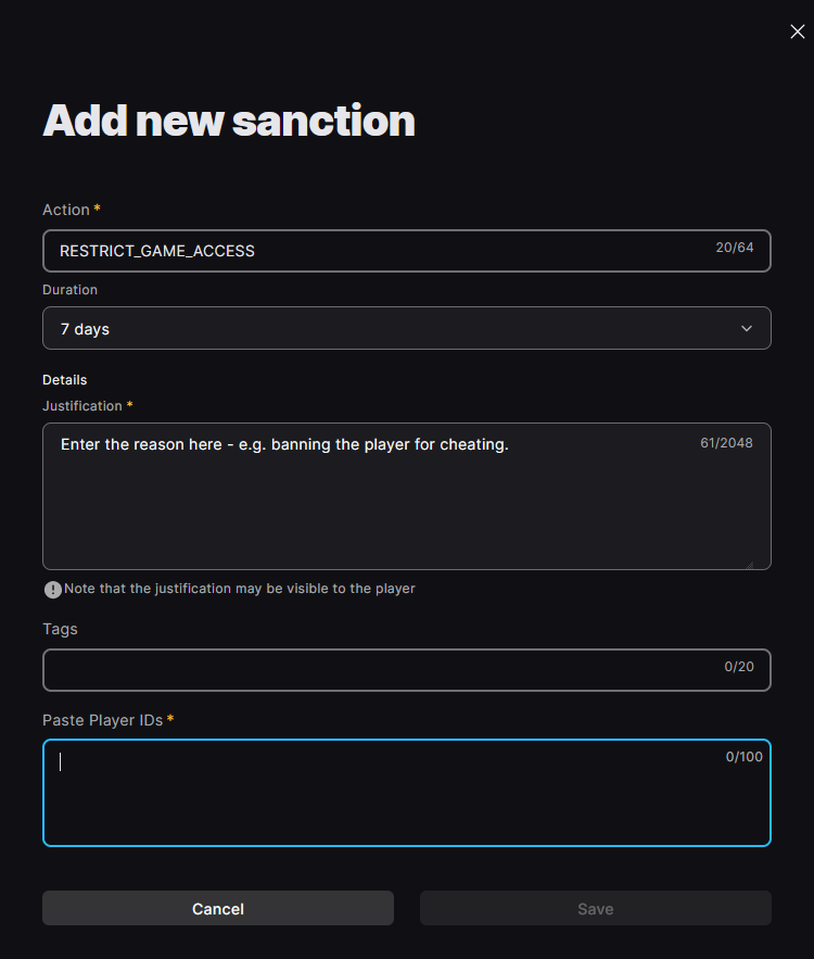 Filling out the "Add new sanction" form in the EOS portal