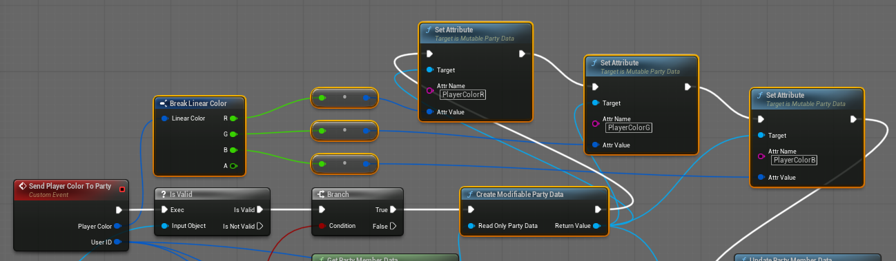 A screenshot of blueprint nodes that are used to modify the player's party member data