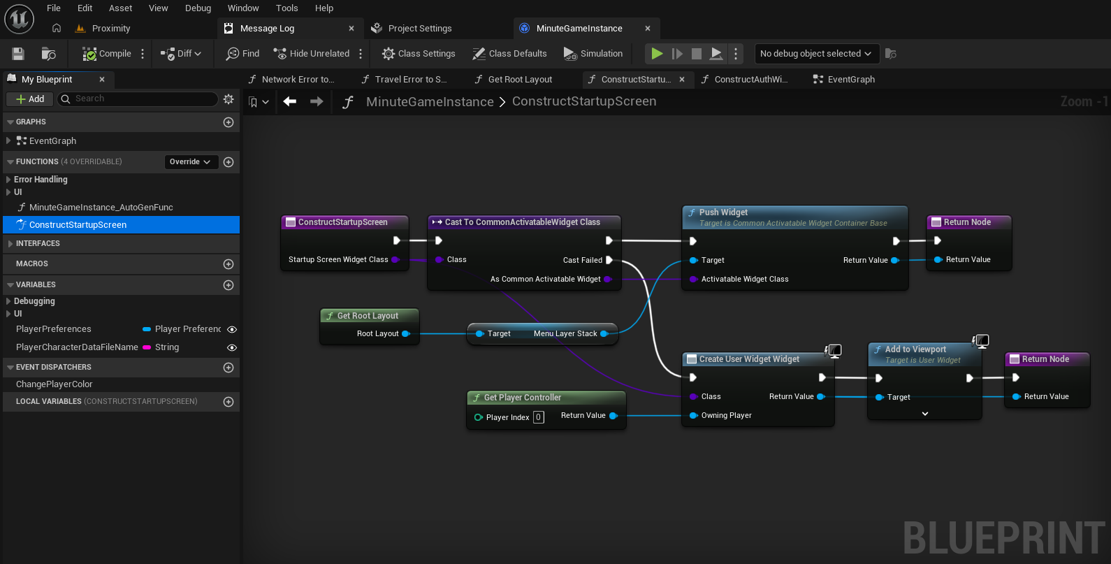 A screenshot of the implementation of ConstructStartupScreen from the Minute of Mayhem example project