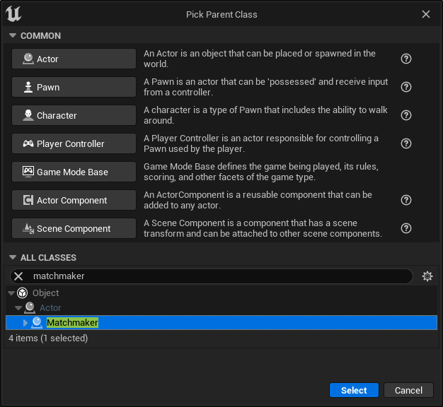 Select the Matchmaker class when prompted