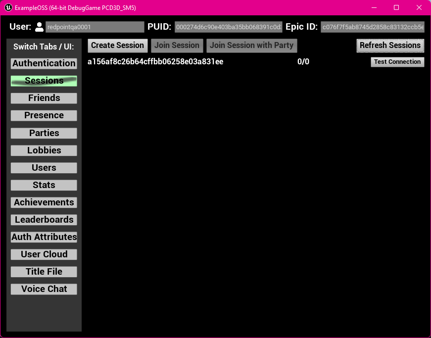 A screenshot of the sessions list in the Standalone Game