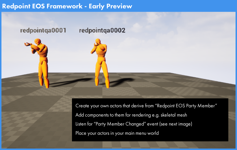 An actor derived from the new party member actor in the Redpoint EOS Framework, with skeletal mesh and text rendering components set up.