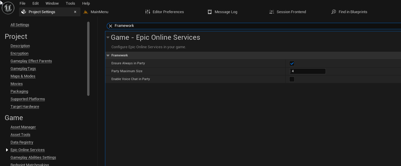 A screenshot showing the options turned on in Project Settings.