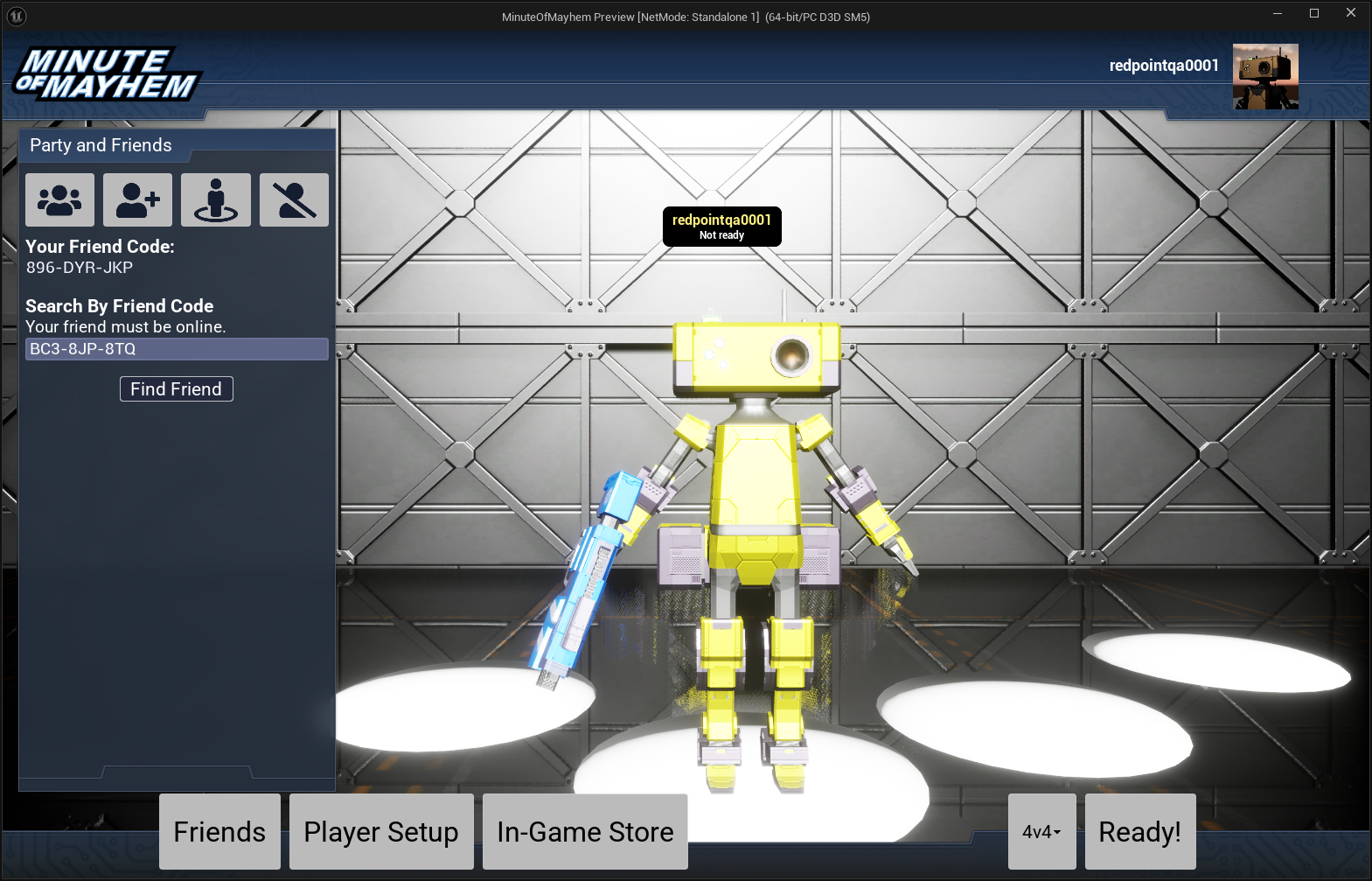 A screenshot of entering a friend code in the new 'Add Friend' section of the example project.