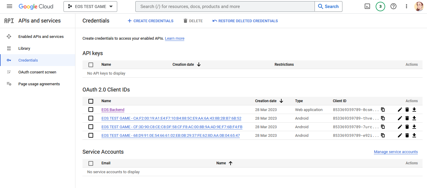 The final list of credentials for both the Android app and EOS backend