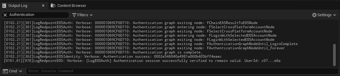 A screenshot of the Output Log showing &quot;Authentication success&quot;