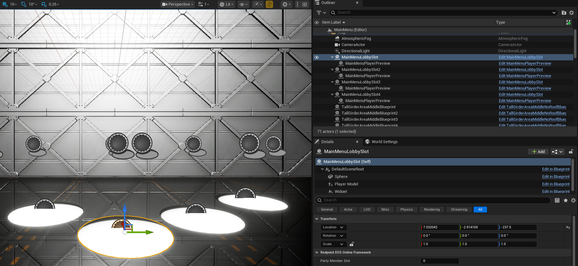A screenshot of the outliner that shows the structure of lobby slots and player previews to represent players in the party