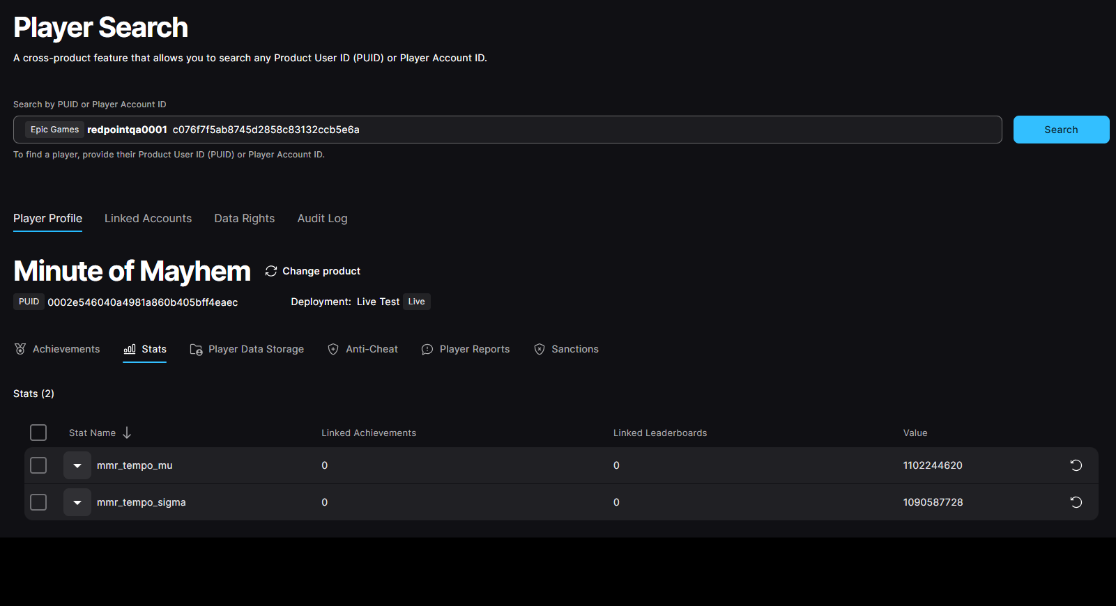 The updated matchmaking stats in the EOS Developer Portal.
