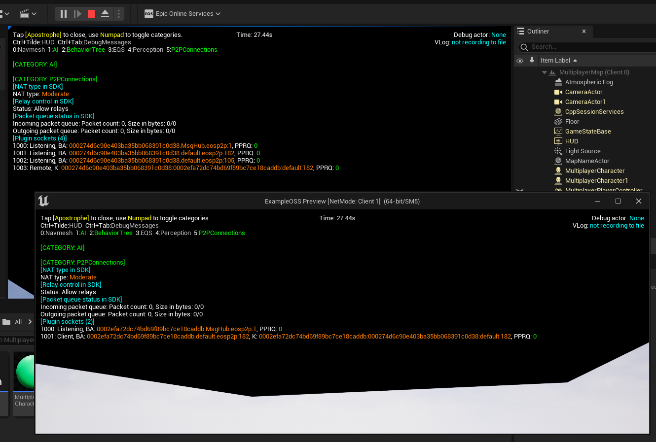 A screenshot of the gameplay debugger with P2P connectivity information