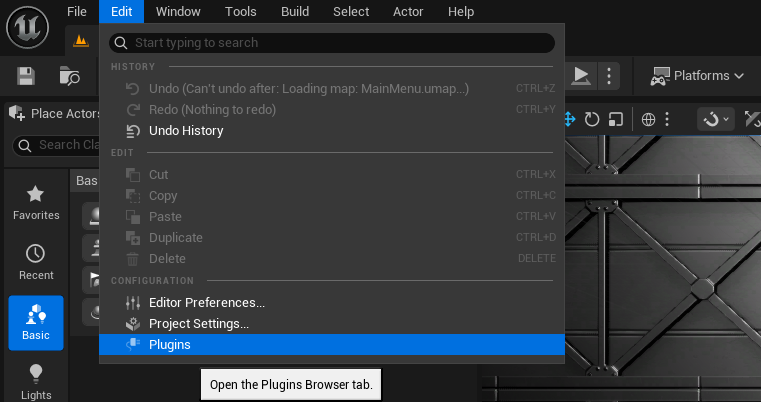 A screenshot of the menu that is used to open the Plugins window.