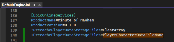 A screenshot of DefaultEngine.ini showing how PrecachePlayerDataStorageFiles can be used to precache user cloud player data files