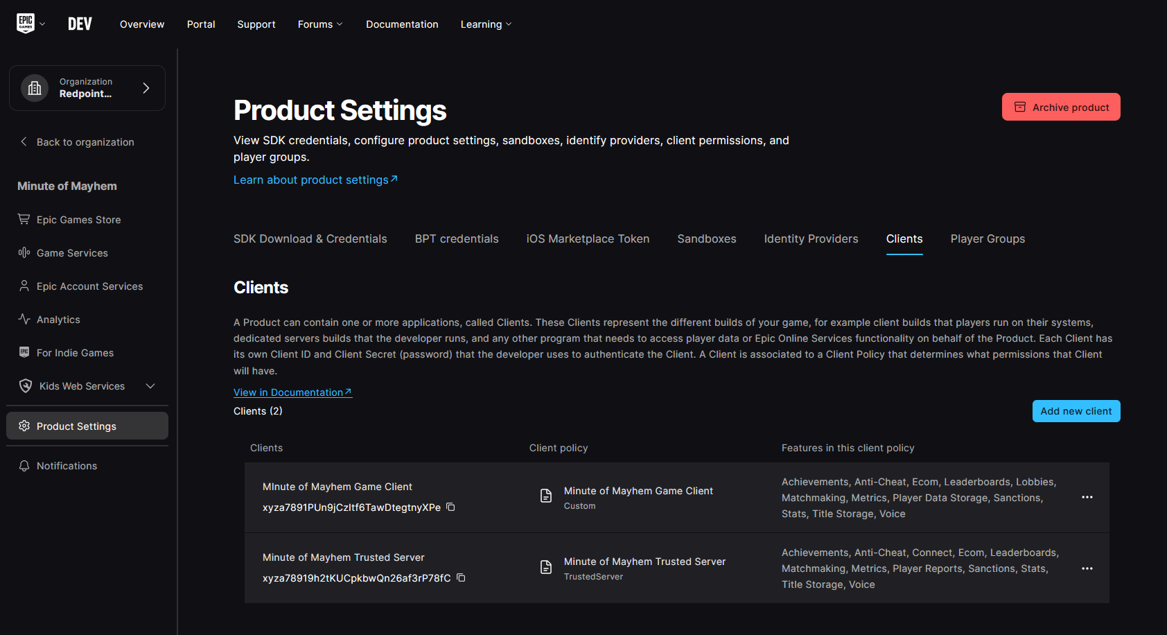 A screenshot of the clients tab with one client created