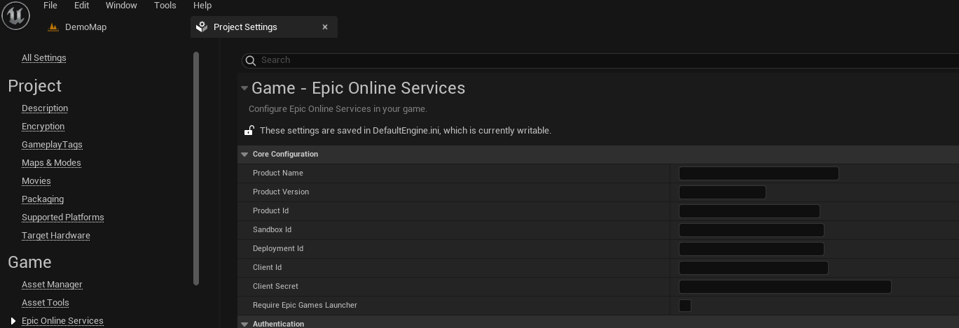 A screenshot of the Product Settings page inside Unreal Engine