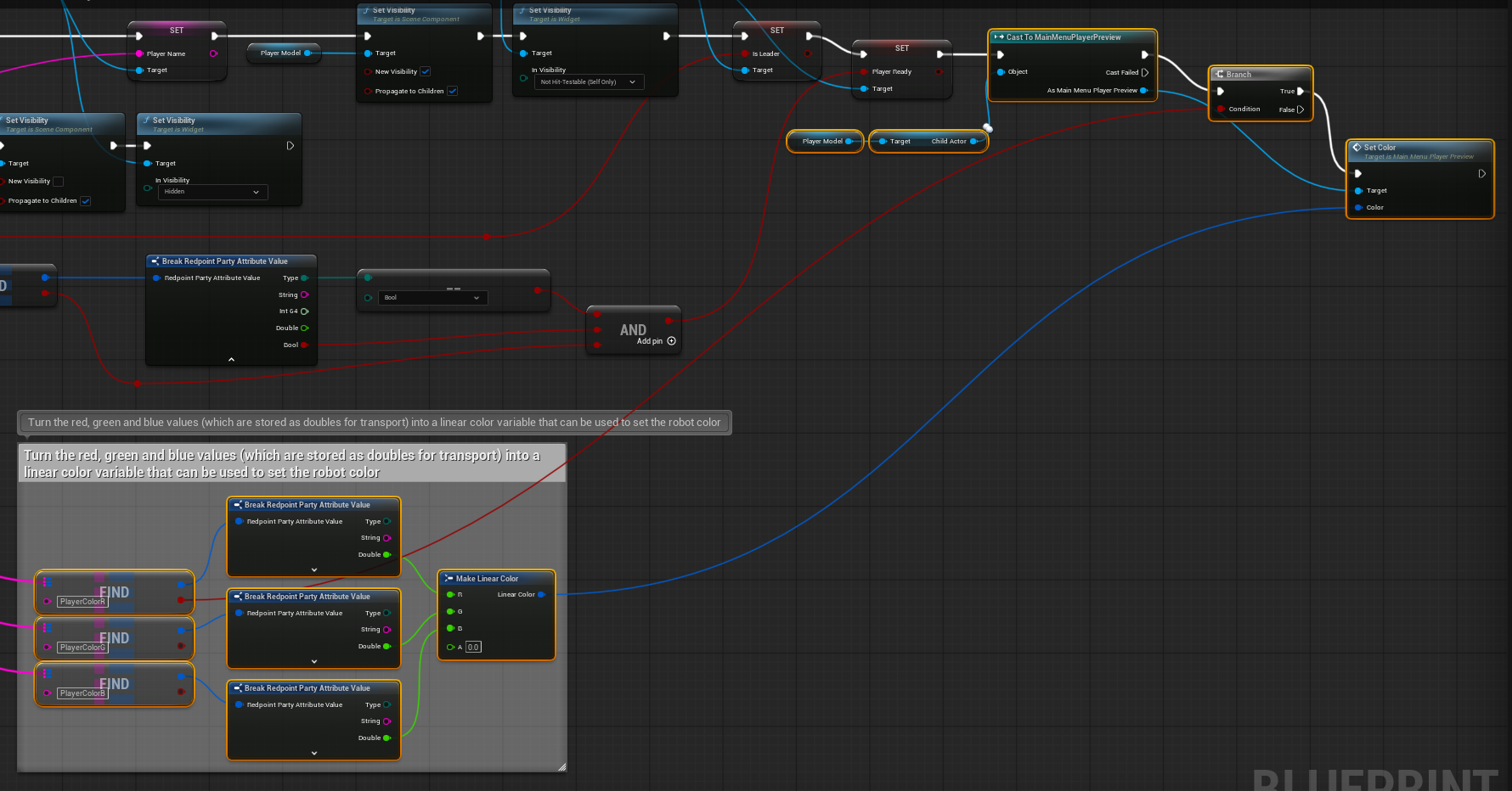 A screenshot of the Main Menu Player Preview blueprint which shows red green and blue variables being reconstructed into a linear color variable