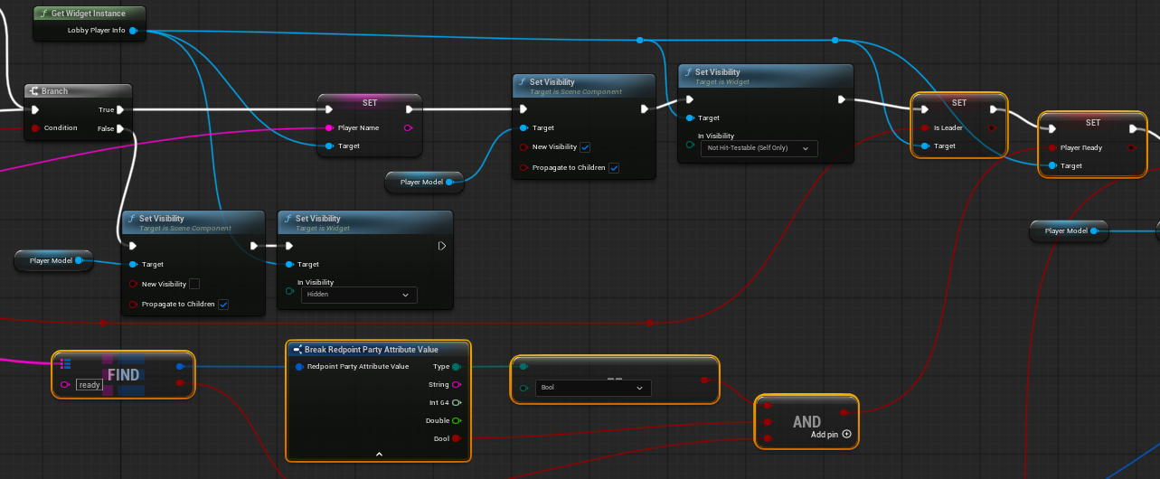 A screenshot of the Main Menu Player Preview blueprint which shows leader and ready information being set