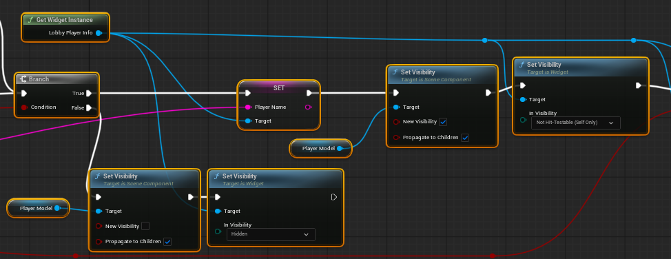 A screenshot of the Main Menu Player Preview blueprint which shows changing player model visibility