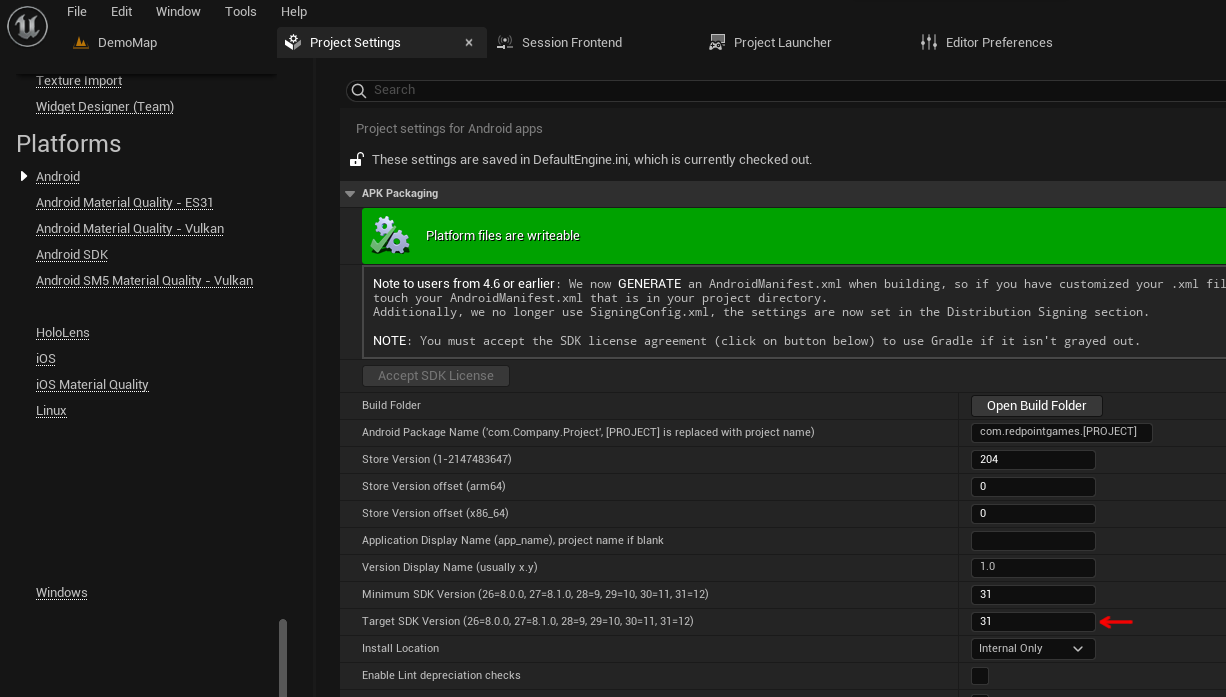 Ensure the target SDK version is 31