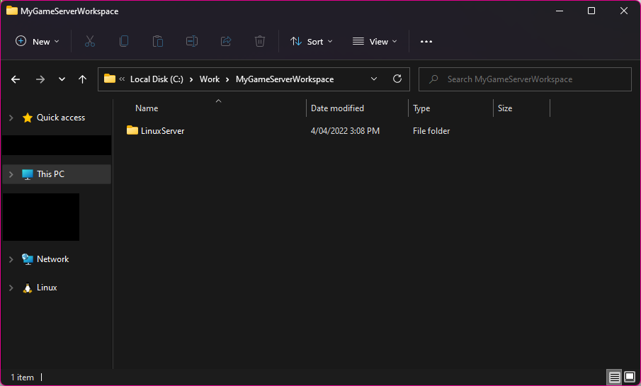 The workspace folder should just contain LinuxServer