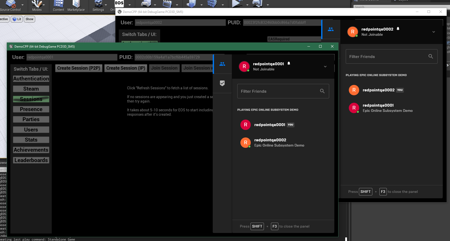 Two standalone games launched from the editor, with the overlay visible